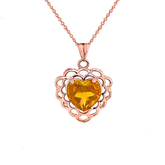 Genuine Citrine Filigree Heart-Shaped Pendant Necklace in Gold (Yellow/Rose/White)