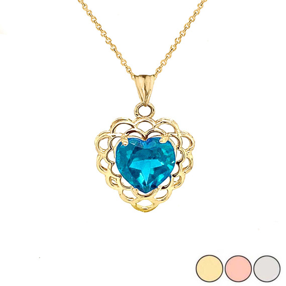 Genuine Blue Topaz Filigree Heart-Shaped Pendant Necklace in Gold (Yellow/Rose/White)