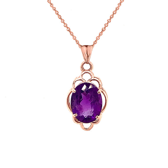 Genuine Amethyst Oval-Shaped Clover Pendant Necklace in Gold (Yellow/Rose/White)