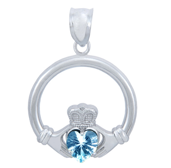 Silver Claddagh Aquamarine CZ Heart Charm Pendant (S)