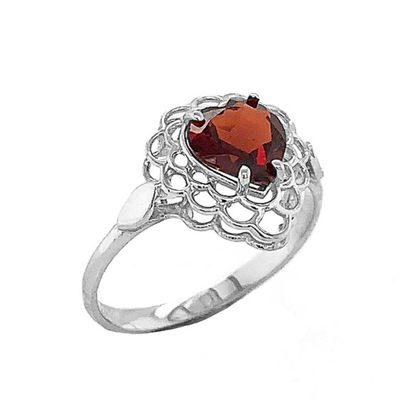 Garnet Filigree Heart-Shaped Ring in Gold (Yellow/Rose/White)