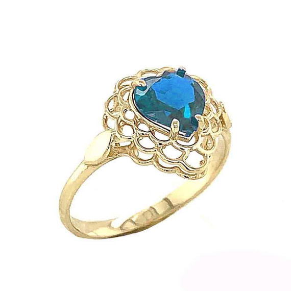 Yellow Gold Filigree Custom Heart Blue Topaz Birthstone Ring