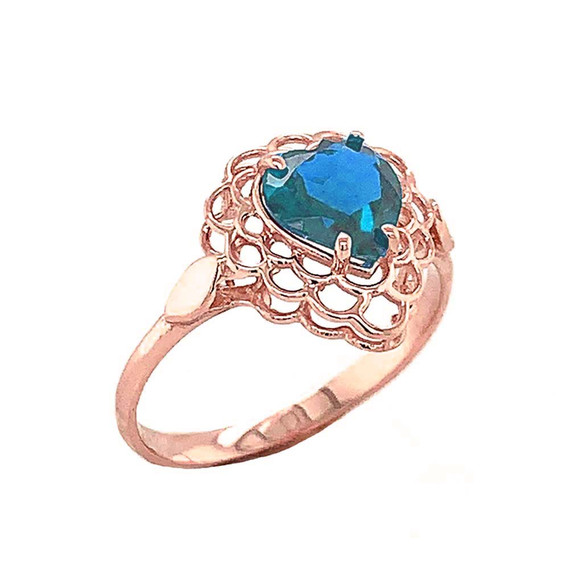 Blue Topaz Filigree Heart-Shaped Ring in Gold (Yellow/Rose/White)