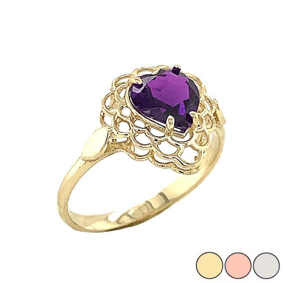 Amethyst Filigree Heart-Shaped Ring in Gold (Yellow/Rose/White)