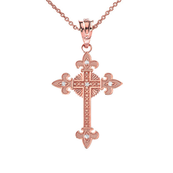 Rose Gold Diamond Fleur-de-lis Fleury Cross Pendant Necklace