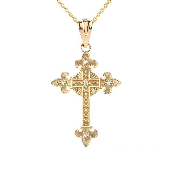 Yellow Gold Diamond Fleur-de-lis Fleury Cross Pendant Necklace