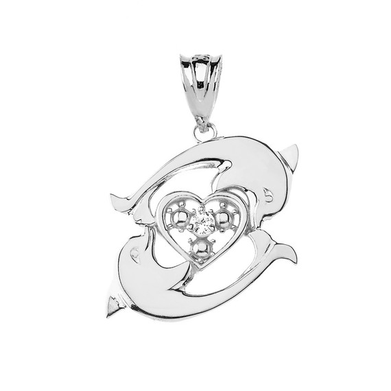 Circling Dolphin Heart Pendant Necklace in Sterling Silver