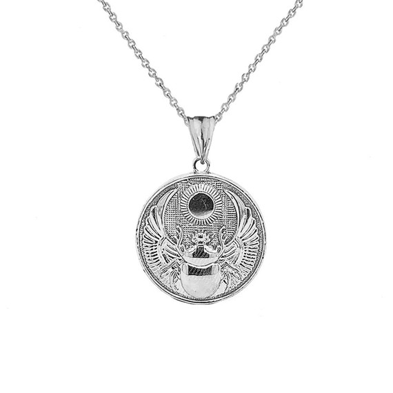 Ancient Egyptian Scarab Beetle and Sun Disc Pendant Necklace in Sterling Silver