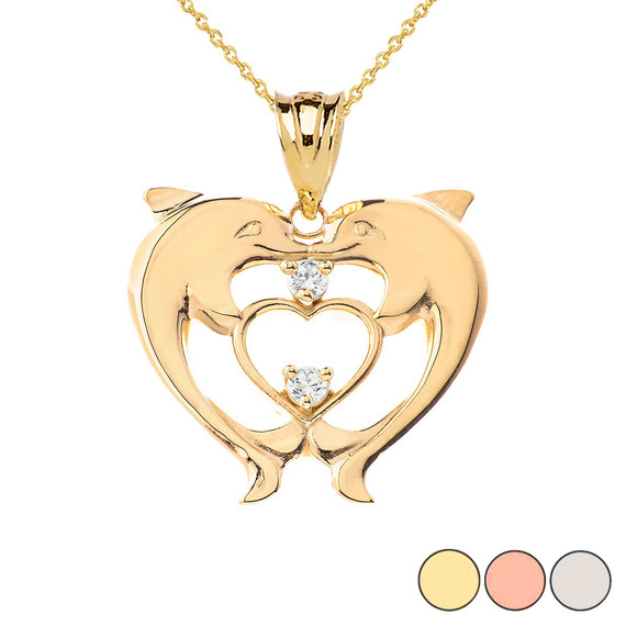 Heart Shaped CZ Double Dolphin Pendant Necklace in Gold (Yellow/Rose/White)