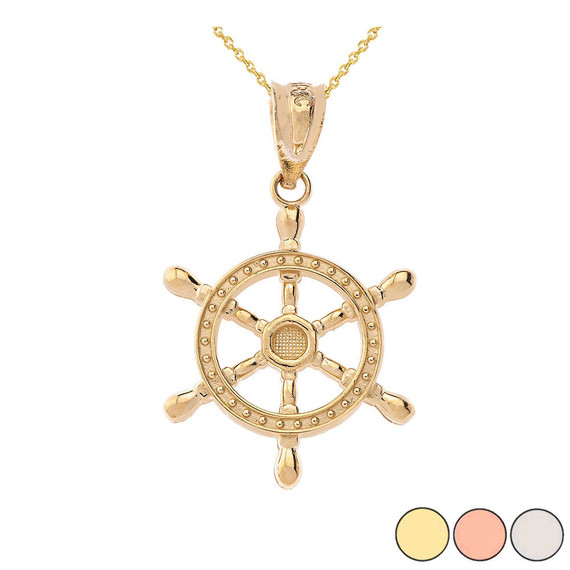 Gold Nautical Ship Wheel Pendant Necklace