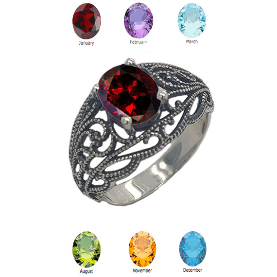 Personalized Genuine Birthstone Filigree Ring in Oxidized Sterling Silver