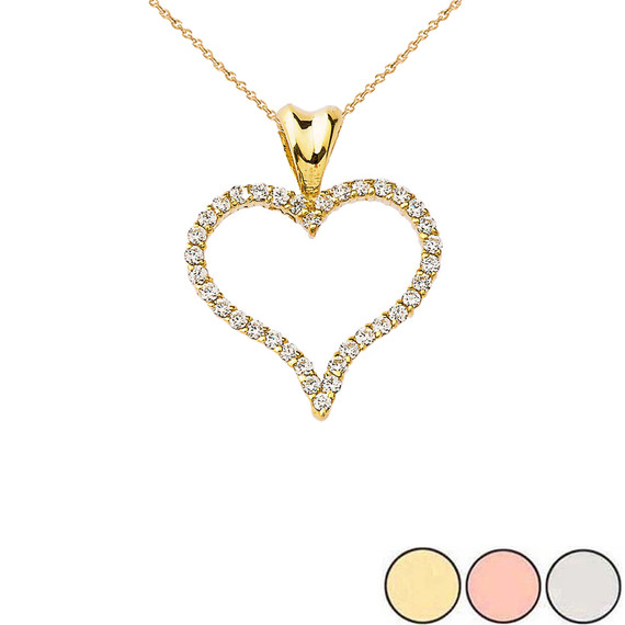 Diamond Open Heart Charm Pendant Necklace in Gold (Yellow/Rose/White)