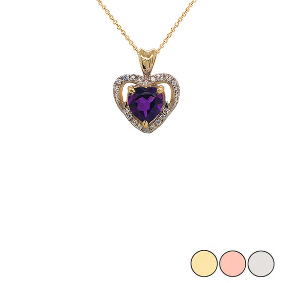 Solitaire Amethyst and Diamond Heart Charm Pendant Necklace in Gold (Yellow/Rose/White)