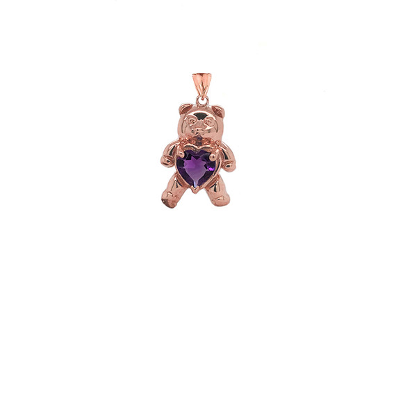 Teddy Bear Amethyst Heart Charm Pendant Necklace in Gold (Yellow/Rose/White)