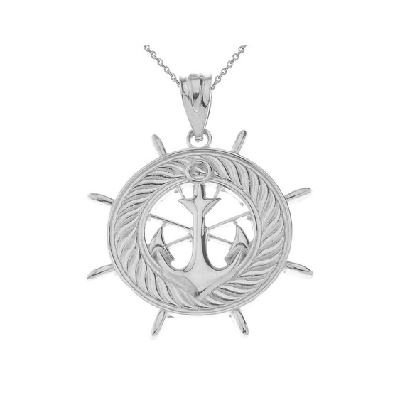 Ship's Wheel with Anchor Pendant Necklace in Gold (Yellow/Rose/White)