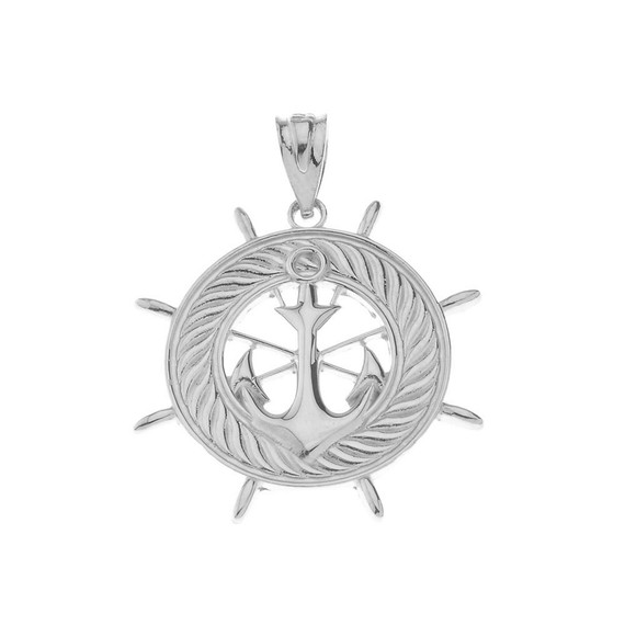 Ship's Wheel with Anchor Pendant Necklace in Gold (Yellow/Rose/White)