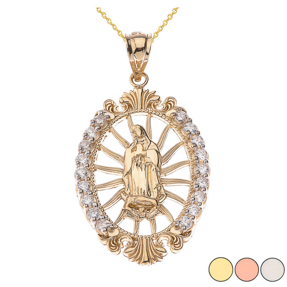 Our Lady of Guadalupe CZ Pendant Necklace in Gold (Yellow/Rose/White)