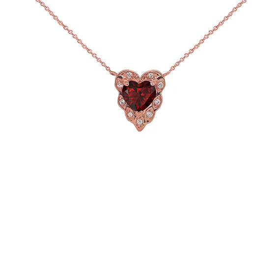 Halo Diamond Heart-Shaped Personalized Genuine Birthstone and Necklace in Rose Gold