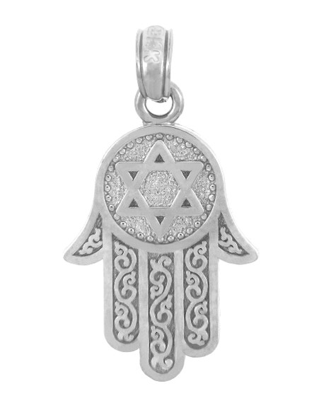 Jewish Charms and Pendants -  White Gold Star of David Hamsa Pendant