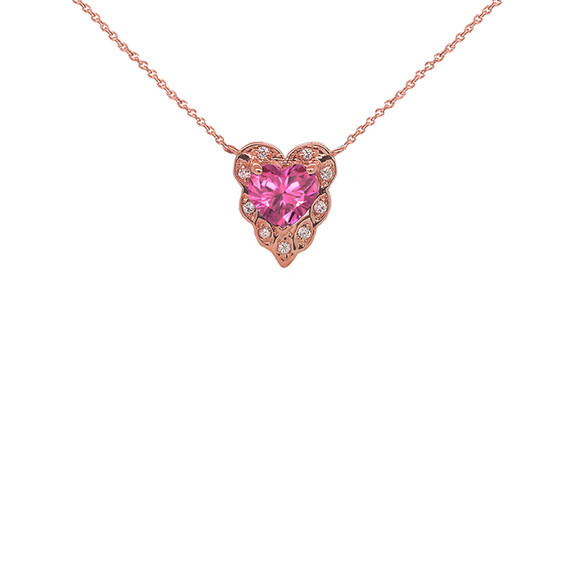 14K Halo Diamond Heart-Shaped Personalized (LC) Birthstone and Necklace in Rose Gold