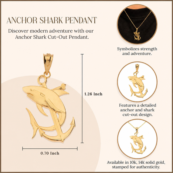 Gold Anchor Shark Pendant Necklace (Available in Yellow/Rose/White Gold)