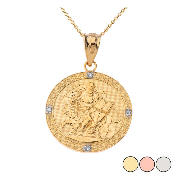 Solid Gold Saint Mark Round Diamond Pendant Necklace (Available in Yellow/Rose/White)