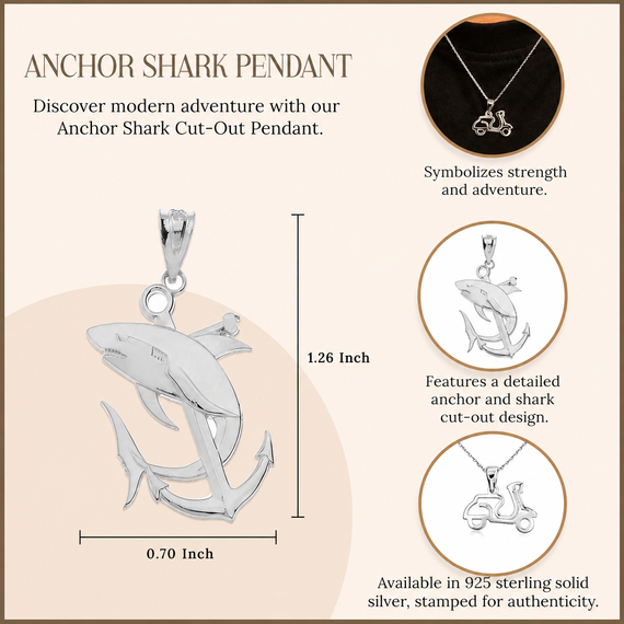 .925 Sterling Silver Anchor Shark Pendant Necklace