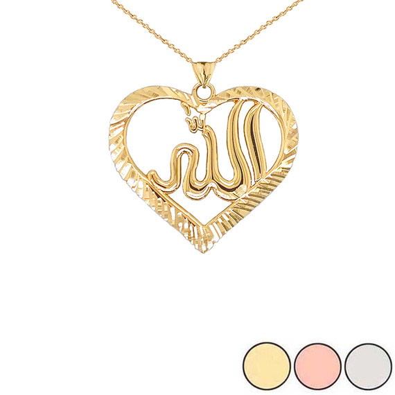 Sparkle-cut Allah Open Heart Pendant Necklace in Gold (Yellow/Rose/White)