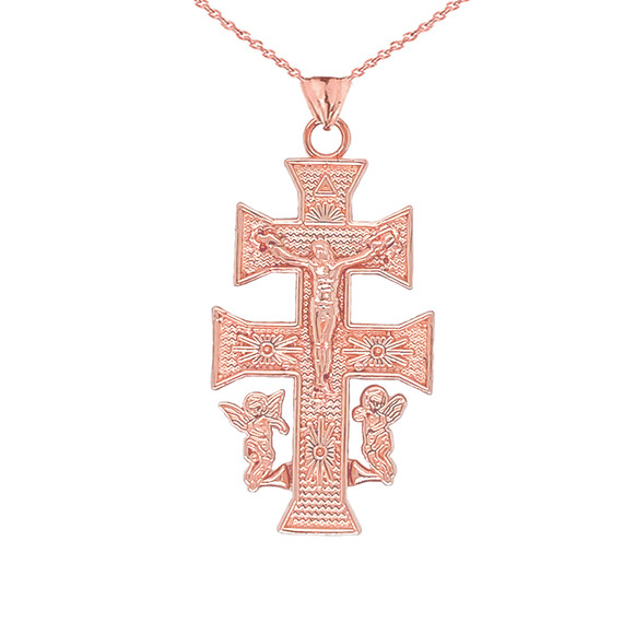 Caravaca Double Cross With Angels Crucifix Pendant in Gold (Yellow/Rose/White)