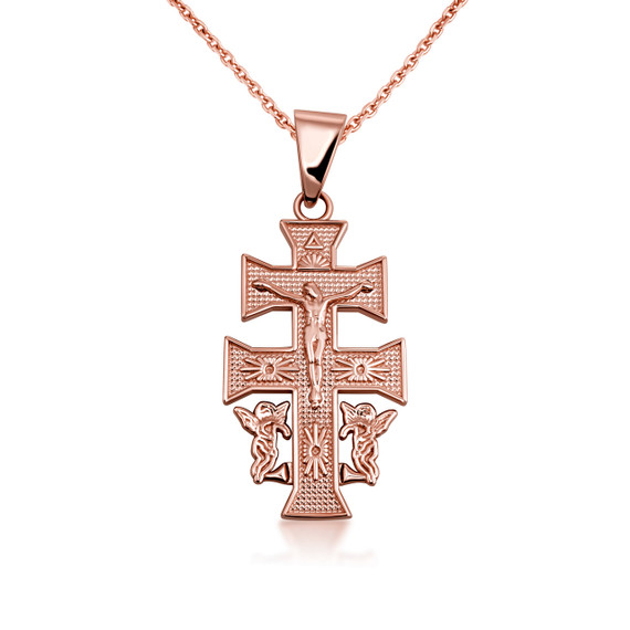 CARAVACA DOUBLE CROSS WITH ANGELS CRUCIFIX PENDANT in Gold (Yellow