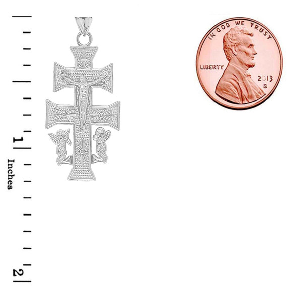 Caravaca Double Cross With Angels Crucifix Pendant in Sterling Silver