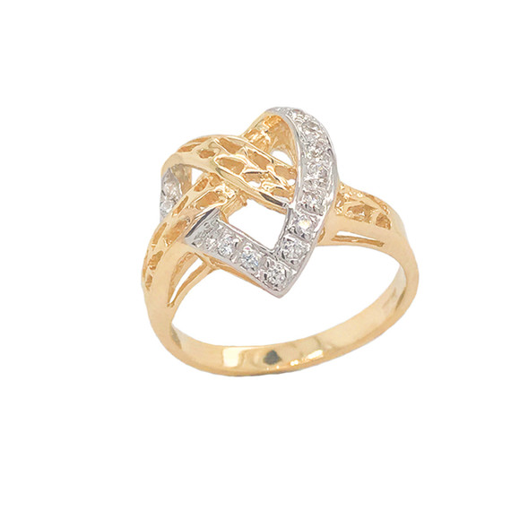 Two-Tone Yellow/White Gold Diamond Heart Intertwined Band Ring