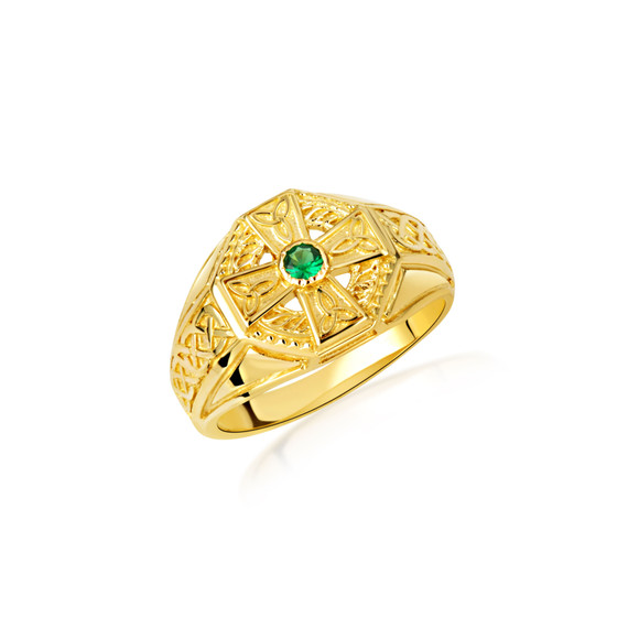 Gold Men's Celtic Cross CZ Emerald Ring