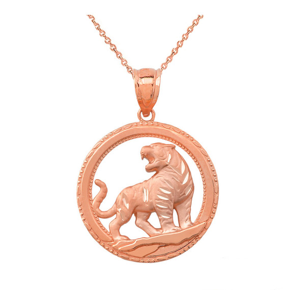 Tiger Round Pendant Necklace in Solid Gold (Yellow/Rose/White)
