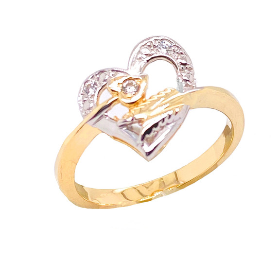 Crossed Heart Ring with Diamond in Gold (Yellow/Rose/White)