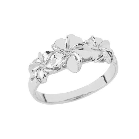 Triple Hawaiian Plumeria Flowers Ring in Sterling Silver