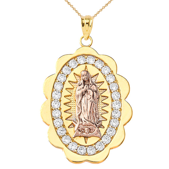 Two Tone Our Lady of Guadalupe Pendant Necklace in Gold (Yellow/Rose/White) (S/M/L)