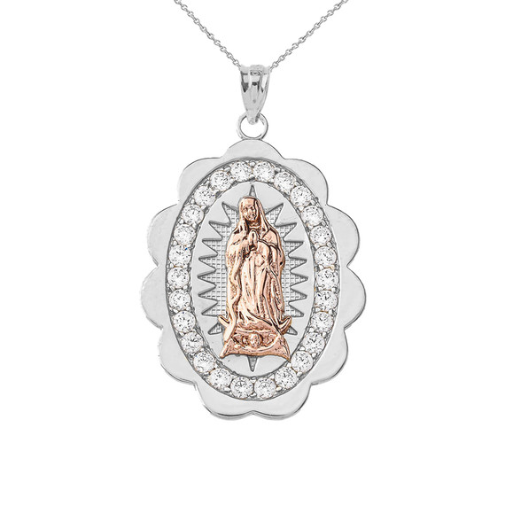 Two Tone Our Lady of Guadalupe Pendant Necklace in Gold (Yellow/Rose/White) (S/M/L)