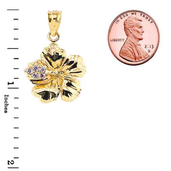 Large Diamond Caribbean Hibiscus Dainty Pendant Necklace In Gold (Yellow/Rose/White)