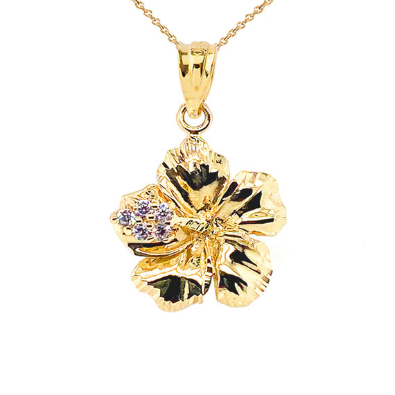 Large Diamond Caribbean Hibiscus Dainty Pendant Necklace In Gold (Yellow/Rose/White)