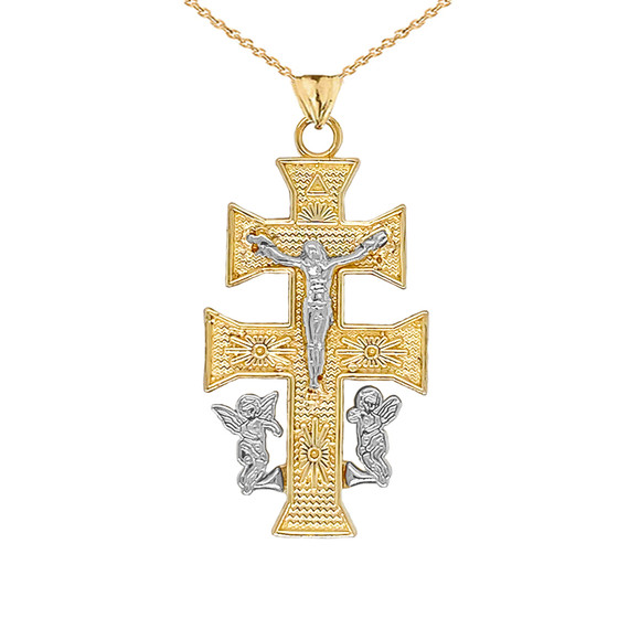 Two Tone CARAVACA DOUBLE CROSS WITH ANGELS CRUCIFIX PENDANT in Gold (Yellow/Rose/White)