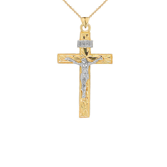 Two Tone Jesus Christ INRI Crucifix Cross Pendant Necklace in Gold (Yellow/Rose/White) (Small)