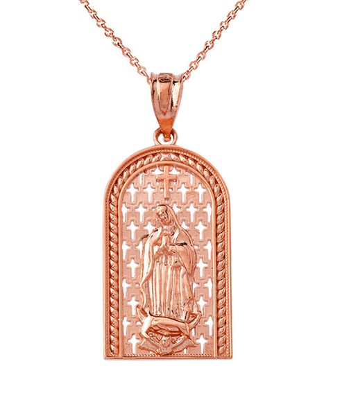 Our Miraculous Lady of Guadalupe Pendant Necklace in Solid Gold (Yellow/Rose/White)