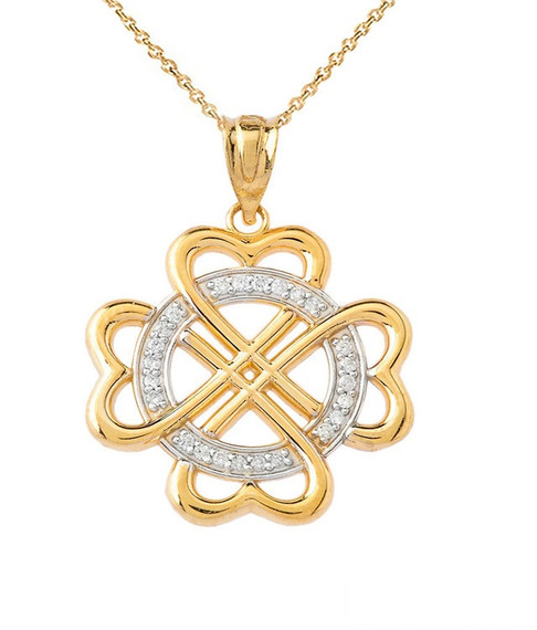 Diamond Heart-shaped Clover Pendant Necklace in Solid Gold (Yellow/Rose/White)