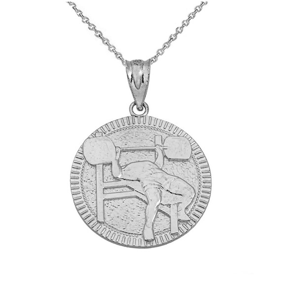 Sterling Silver Bench Press Weightlifting Medallion Pendant Necklace