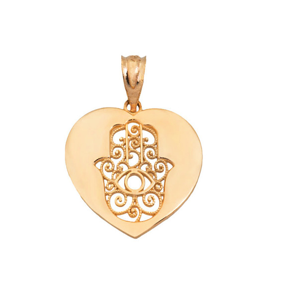 Cut Out Filigree Hamsa  Facing up In Heart Pendant Necklace in Gold (Yellow/ Rose/White)