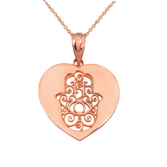 Cut Out Filigree Hamsa  Facing up In Heart Pendant Necklace in Gold (Yellow/ Rose/White)