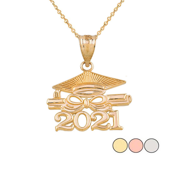 Gold Class of 2021 Graduation Diploma & Cap Pendant Necklace (Yellow/Rose/White)