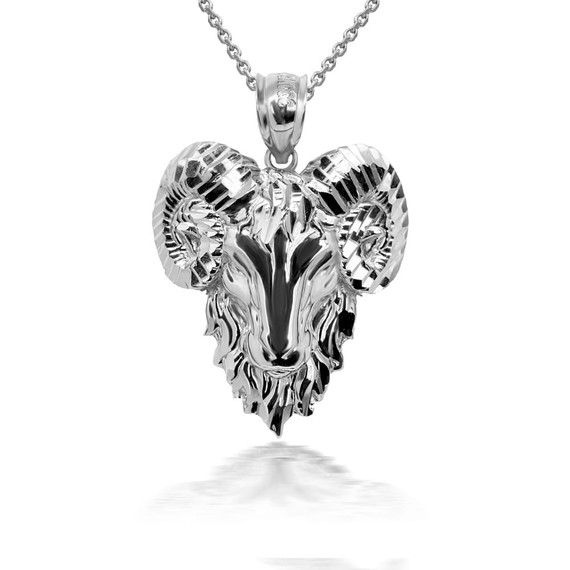 925 Sterling Silver 3D Ram Head Bighorn Mountain Sheep Diamond Cut Pendant with Caged Back