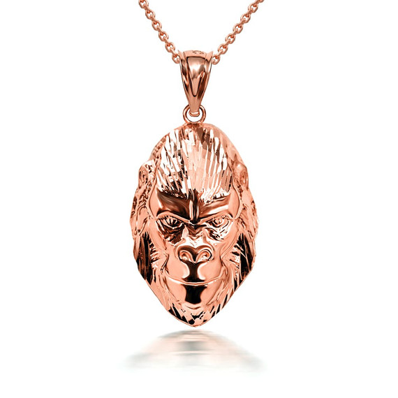 3D 10k/14k Gold Gorilla Face Pendant Necklace with Caged Back (YELLOW/ROSE/WHITE)